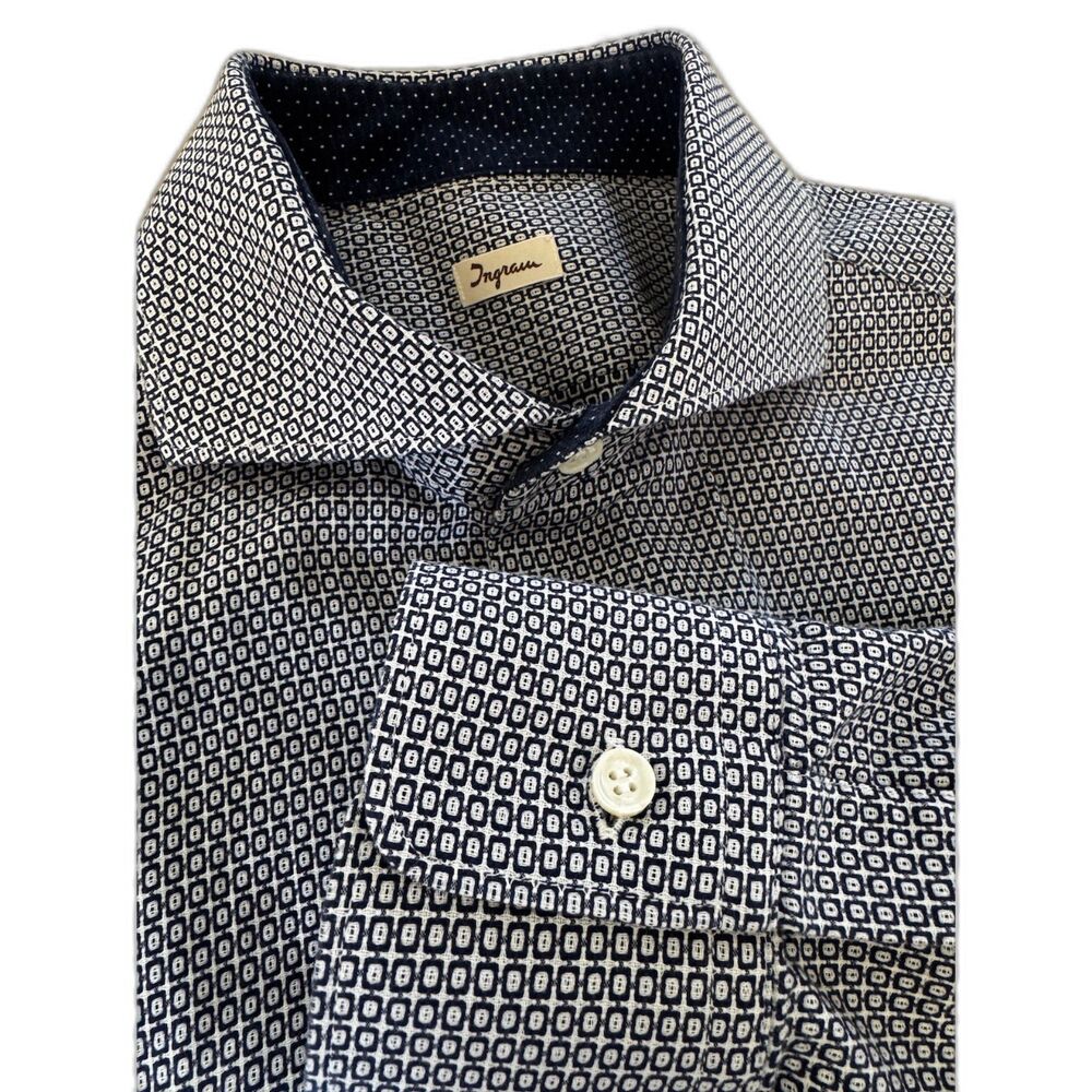 Ingram Italy Blue Geo Shirt Men's L 16.5 42 Spread Collar Cotton Smart Casual